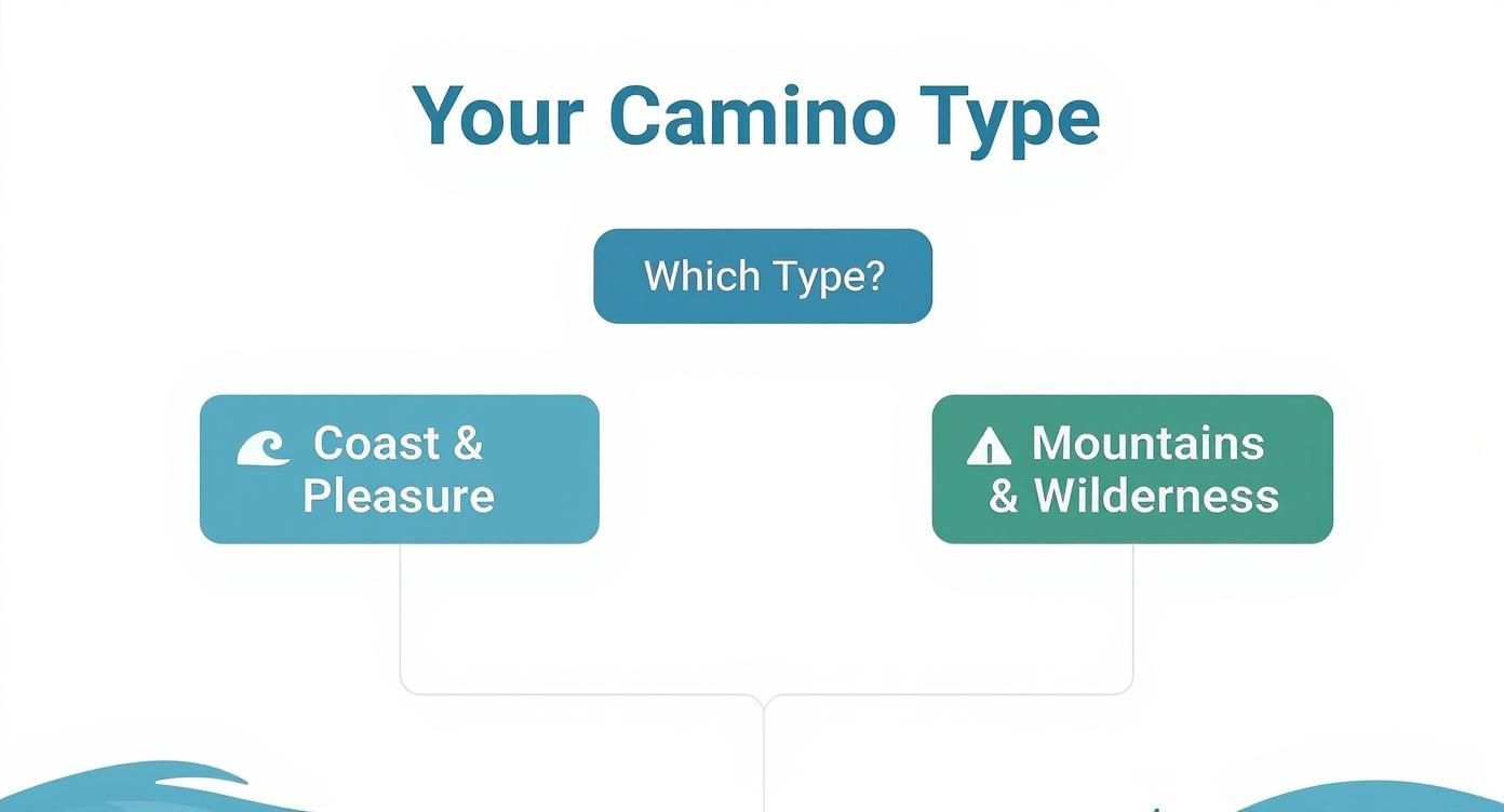 Entscheidungsbaum zur Wahl zwischen verschiedenen Camino-Typen, wie Küste und Berge