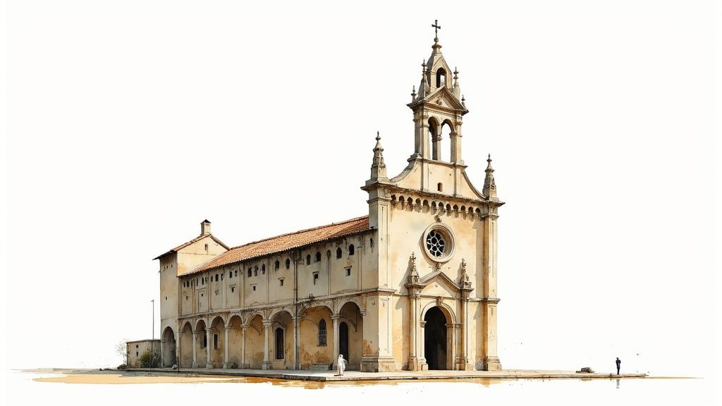 Historische Kirche mit Glockenturm und Arkaden in traditioneller spanischer Architektur, Santiago de Compostela