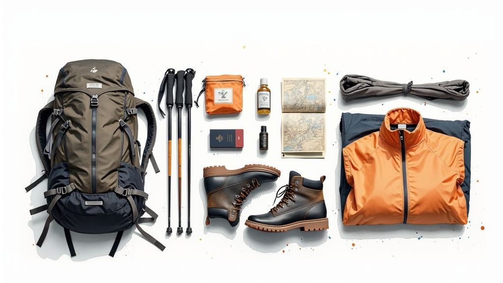 Ein gut gepackter Rucksack liegt bereit für den Camino del Norte