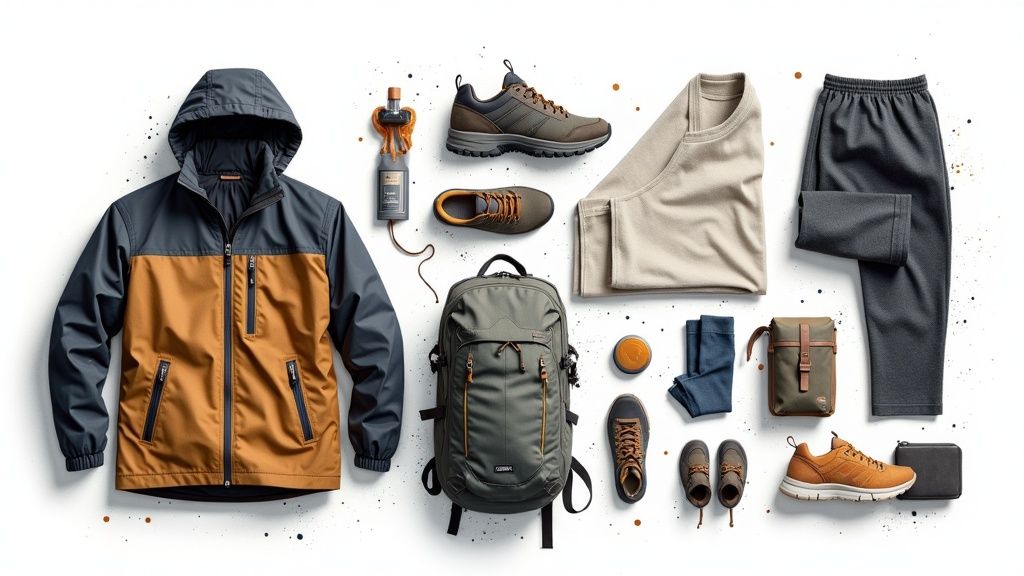 Ein gepackter Rucksack und Wanderschuhe liegen bereit für den Jakobsweg.