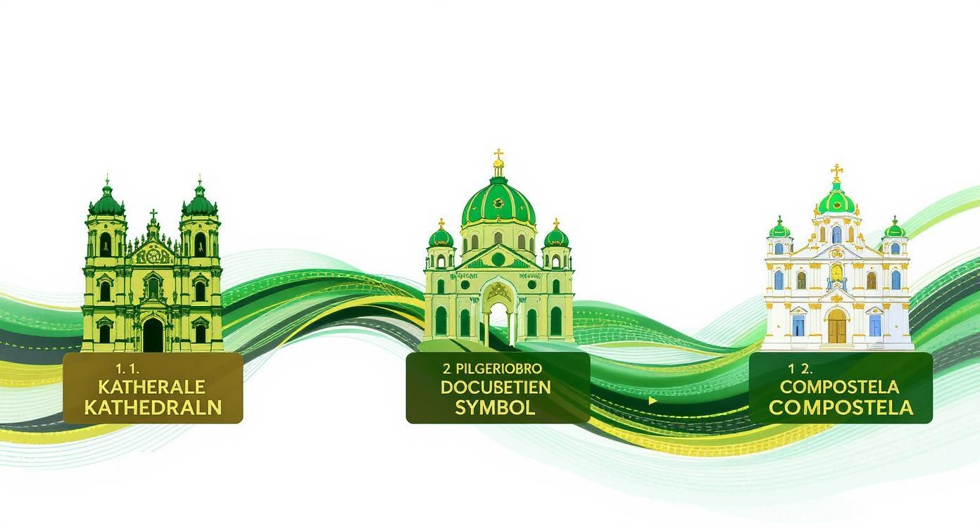 Drei berühmte Pilgerstätten: Kathedrale, Docubetien Symbol und Compostela mit grünen dekorativen Wellen