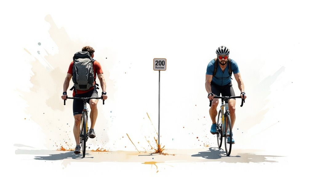 Ein Radpilger auf einem Schotterweg des Jakobswegs