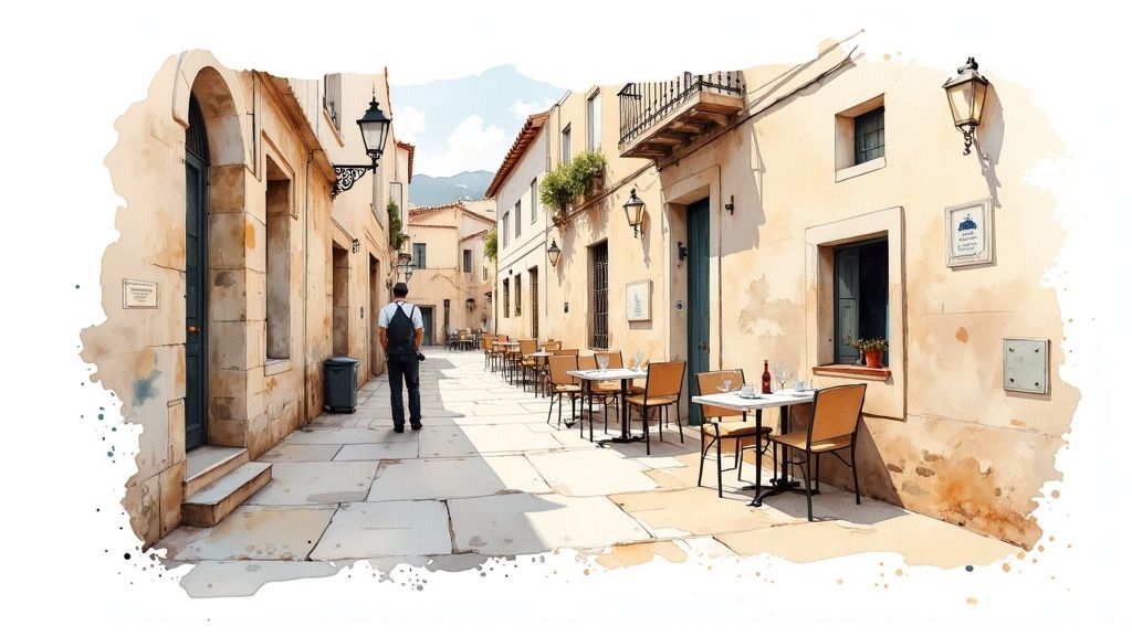 Malerische Altstadt von Santiago de Compostela mit Straßencafés und traditionellen Gebäuden in Aquarell-Stil