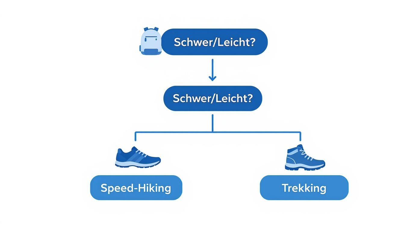 Entscheidungsdiagramm für Wanderschuhe zeigt Auswahl zwischen Speed-Hiking und Trekking basierend auf Schwierigkeitsgrad