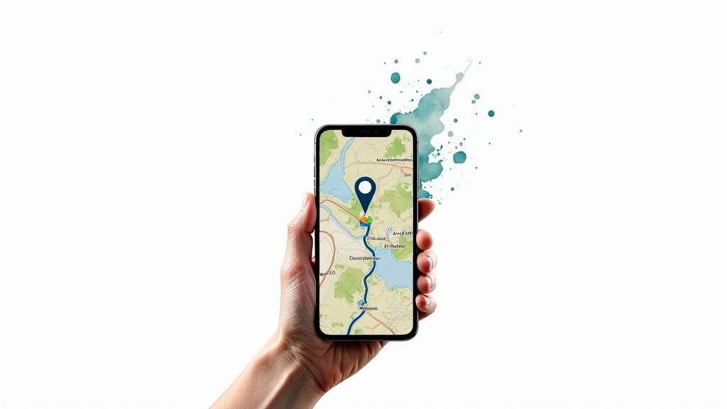 Pilger mit Smartphone und Karte