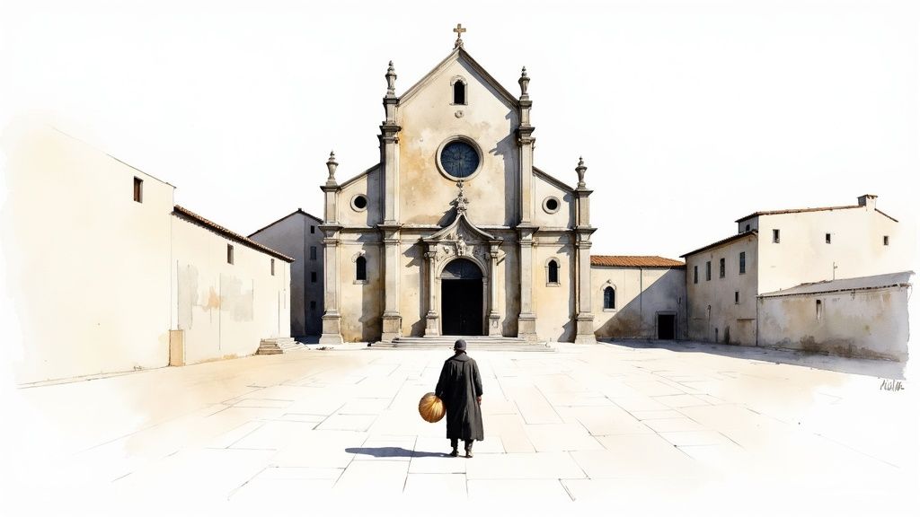 Person in schwarzem Mantel steht vor historischer Kirchenfassade auf leerem Platz in Santiago de Compostela