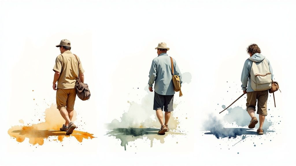 Eine Pilgerin macht eine Pause mit Blick auf eine hügelige Landschaft auf dem Jakobsweg