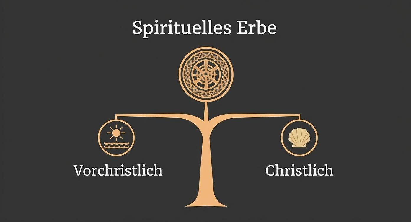 Ein Entscheidungsbaum, der die vorchristlichen und christlichen spirituellen Wurzeln des Kap Finisterre in Spanien darstellt.