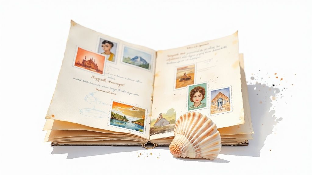 Pilgerpass mit Stempeln liegt auf einer Holzoberfläche