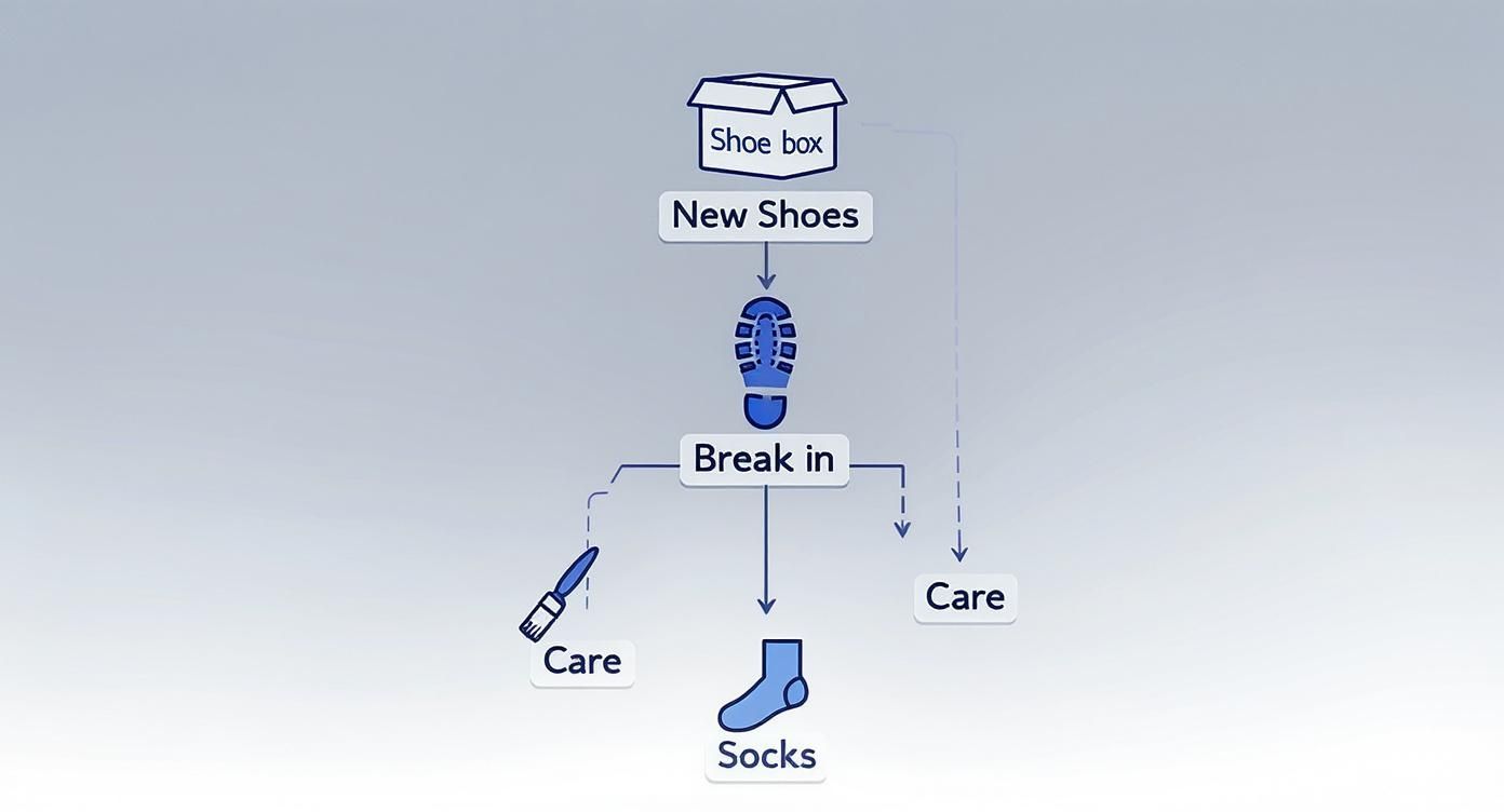 Flussdiagramm zeigt den Prozess von neuen Schuhen: vom Schuhkarton über das Einlaufen bis zur Pflege und den Socken.
