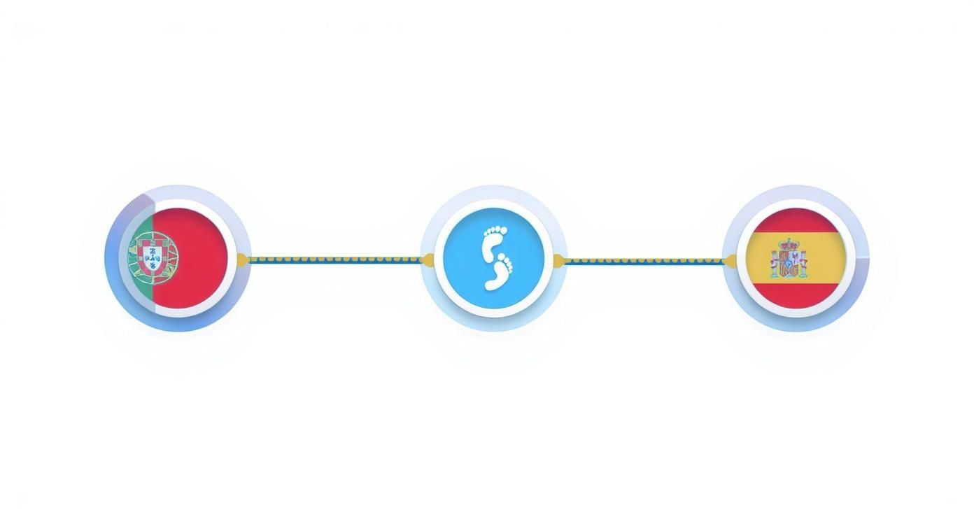 Infografik, die die Etappen des Camino von Porto über Redondela nach Santiago de Compostela visualisiert.