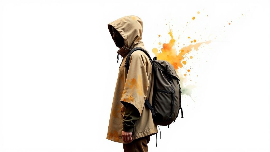 Ein Wanderer mit Regenponcho und Rucksack betrachtet eine weite Landschaft im Regen