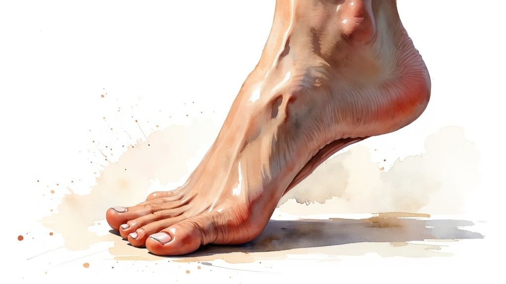 Anatomische Illustration eines menschlichen Fußes und Unterschenkels mit sichtbaren Muskeln und Sehnen in Aquarellmalerei