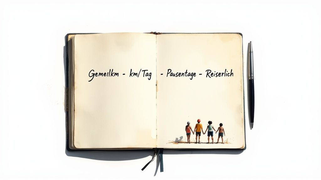 Eine Pilgerin betrachtet eine Wegmarkierung mit der gelben Jakobsmuschel an einem Steinpfosten.