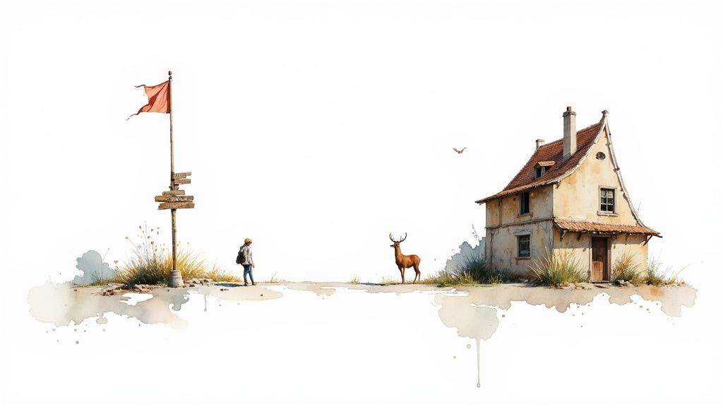 Aquarellillustration eines Wanderers an einem Wegweiser neben einem rustikalen Haus mit Hirsch
