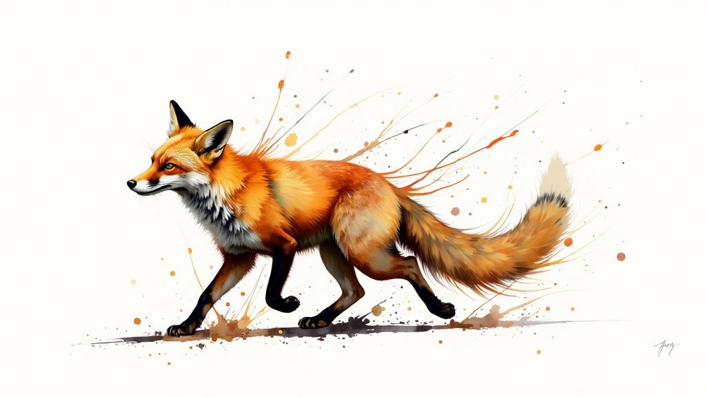 Aquarell-Fuchs rennt mit dynamischen Farbspritzern auf weißem Hintergrund, eine künstlerische Darstellung.