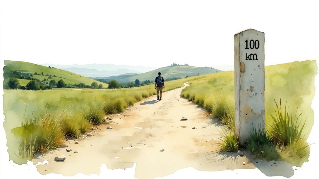 Wanderer auf dem Jakobsweg mit 100 Kilometer Markierungsstein in ländlicher spanischer Landschaft