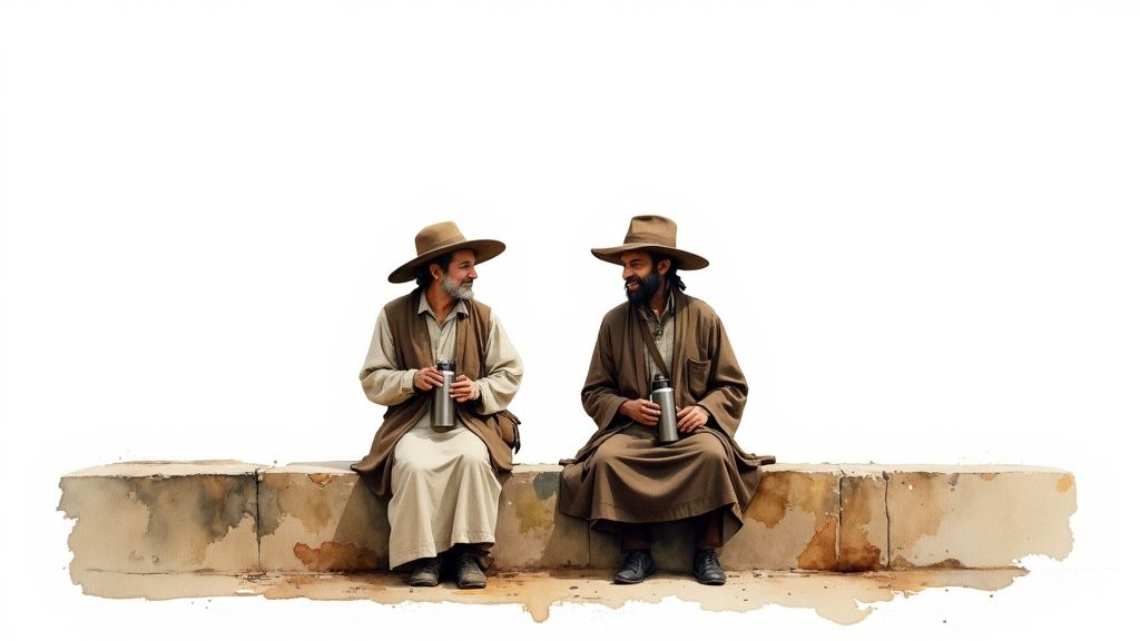 Zwei Pilger sitzen auf einer Bank und unterhalten sich, während im Hintergrund die Landschaft des Jakobswegs zu sehen ist.