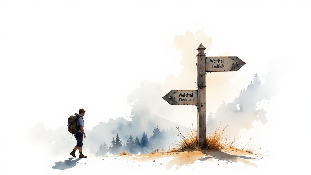 Eine Pilgerin wandert auf einem alpinen Pfad des Jakobswegs in Österreich.