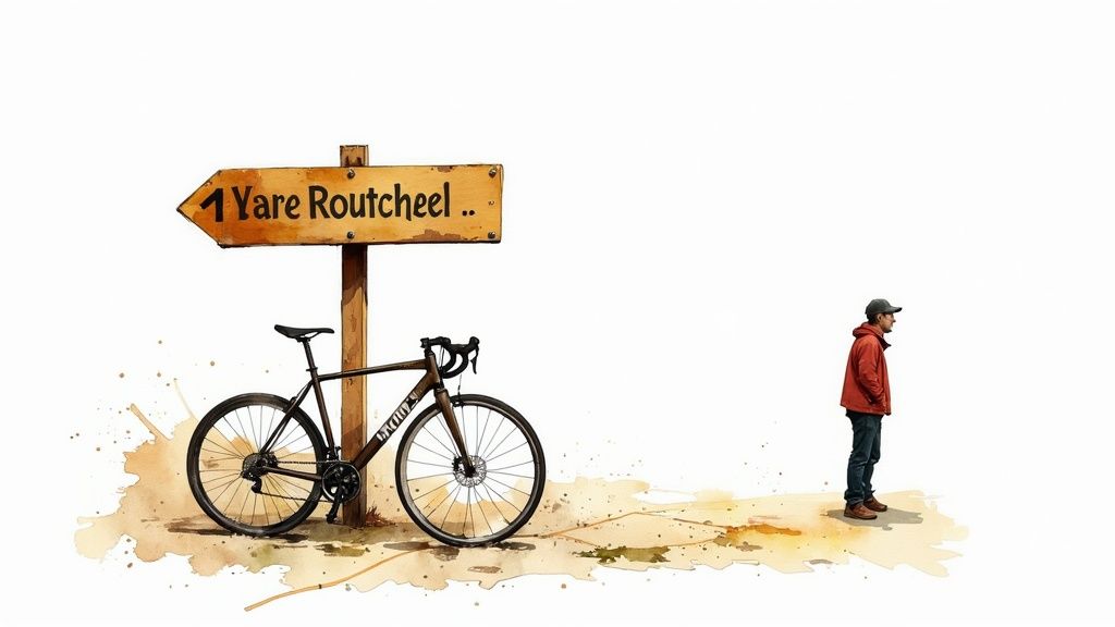 Ein Radpilger schaut auf eine Karte des Jakobswegs in Spanien.