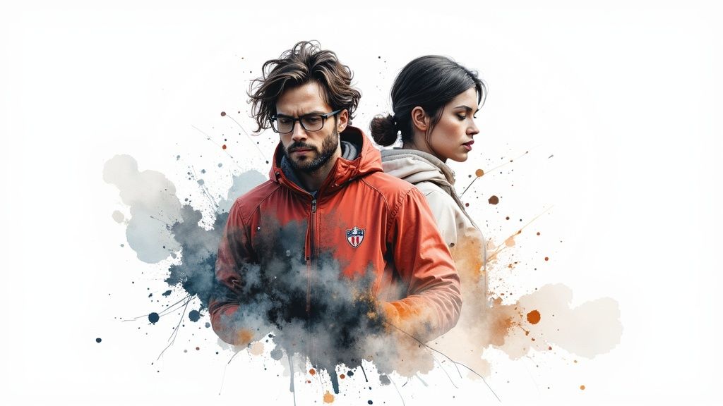 Mann und Frau stehen Rücken an Rücken, umgeben von Farbspritzern, die eine emotionale Distanz andeuten.