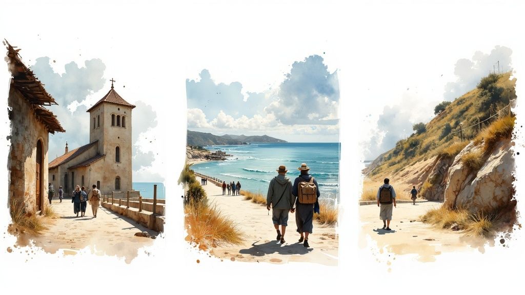 Ein Pilger wandert auf einer Camino de Santiago Route durch eine weite, grüne Landschaft