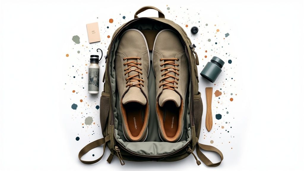 Ein gut gepackter Wanderrucksack liegt bereit für den Jakobsweg.