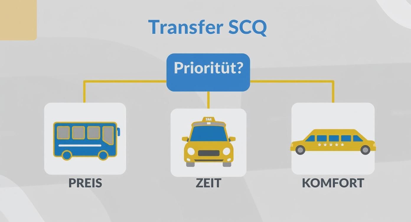 Infografik, die als Entscheidungsbaum die Transferoptionen vom Flughafen Santiago de Compostela nach Preis, Zeit und Komfort vergleicht.