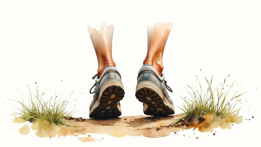 Eine Nahaufnahme von Wanderstiefeln, die auf einem moosbewachsenen Waldboden stehen, mit Sonnenstrahlen, die durch die Bäume scheinen.