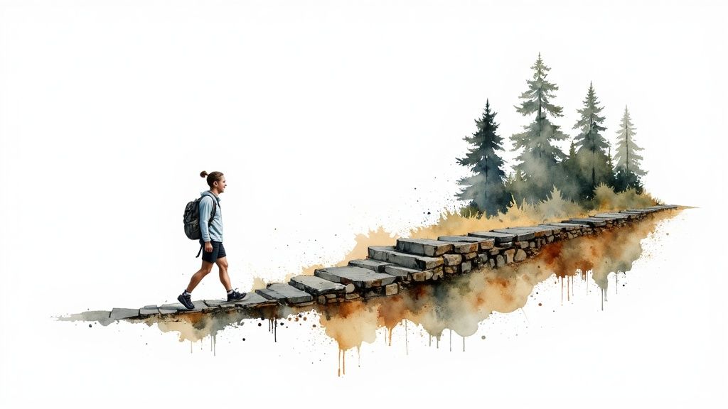 Aquarellbild eines Wanderers, der einen steinernen Pfad hinaufsteigt, mit Bäumen im Hintergrund.