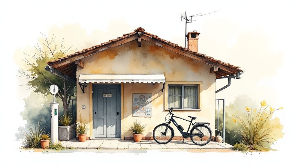 Aquarell-Illustration eines mediterranen Ferienhauses mit E-Bike vor der Tür und Pflanzen