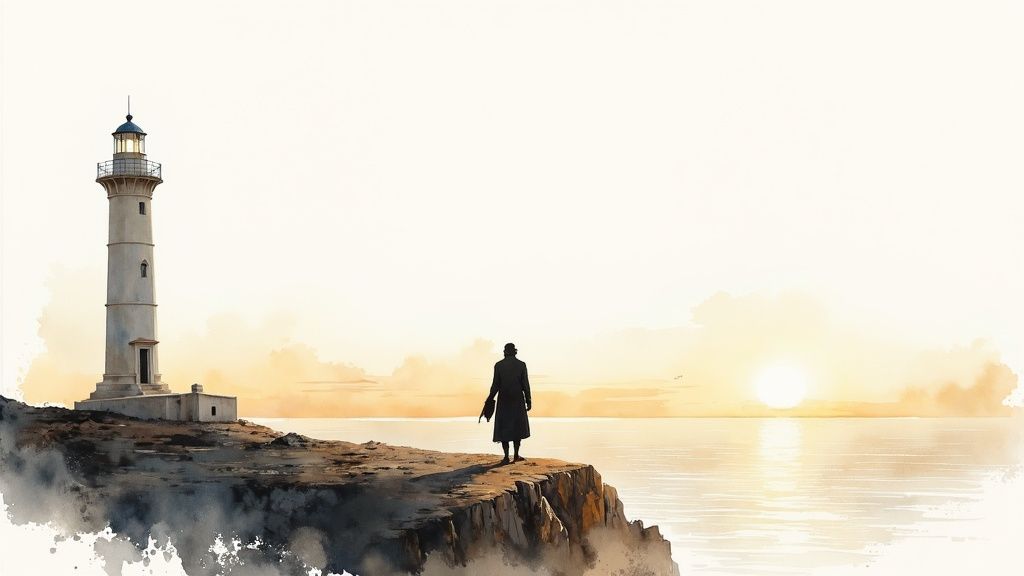 Eine malerische Aufnahme des Leuchtturms am Kap Finisterre in Spanien bei Sonnenuntergang, mit dem Atlantik im Hintergrund.