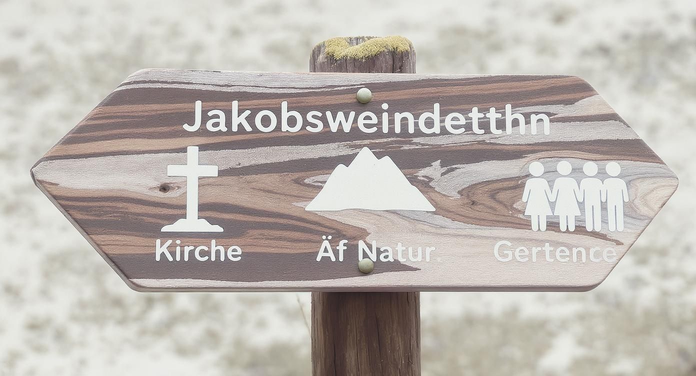 Holzwegweiser zum Jakobsweindetthn mit Symbolen für Kirche, Natur und Gertence in den Schweizer Alpen