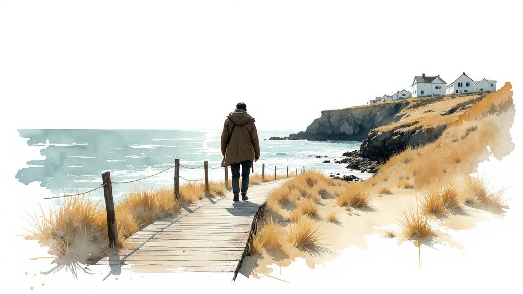 Eine malerische Küstenszene am Camino Portugues Küstenweg mit einem Holzsteg, der entlang der Dünen führt, und dem blauen Atlantik im Hintergrund.