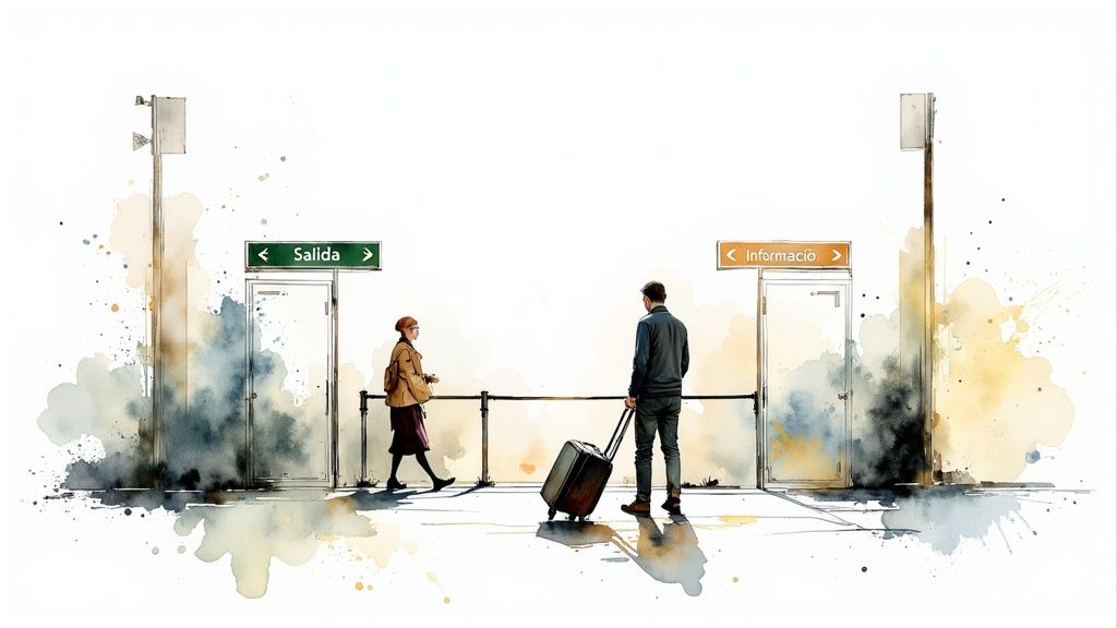 Ankunftsbereich am Flughafen Santiago de Compostela mit wartenden Reisenden.