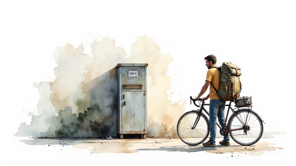 Ein Pilger mit Rucksack blickt auf die Kathedrale von Santiago de Compostela.