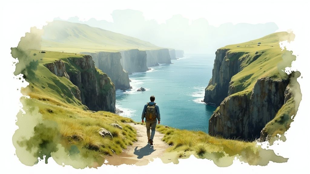 Wanderer auf dem Camino del Norte mit Blick auf die spanische Küste