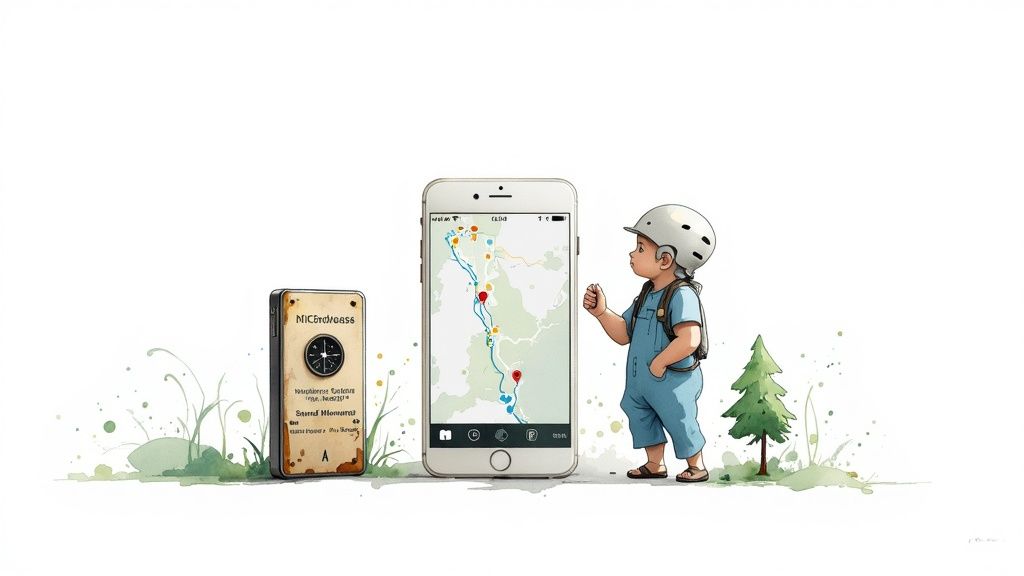 Ein Radfahrer navigiert mit seinem Smartphone, das am Lenker befestigt ist, durch eine sonnige Landschaft.