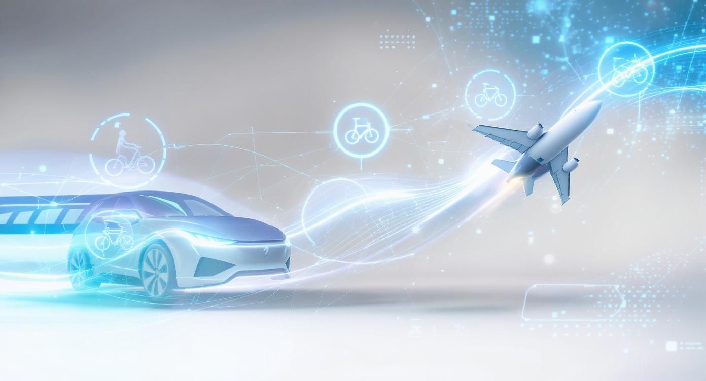 Futuristische Transportvision mit vernetzten Fahrzeugen, Fahrrädern und Flugzeug durch digitale Technologie verbunden