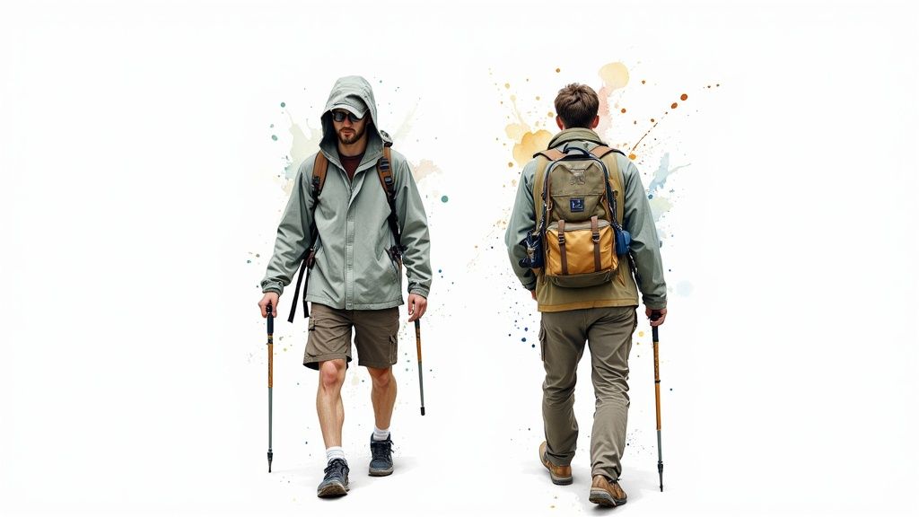 Ein gut gepackter Pilgerrucksack liegt bereit, daneben Wanderschuhe und eine Wanderkarte.