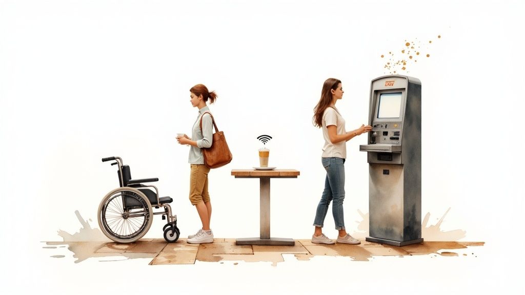 Heller und moderner Innenbereich des Flughafens Santiago de Compostela mit Reisenden.