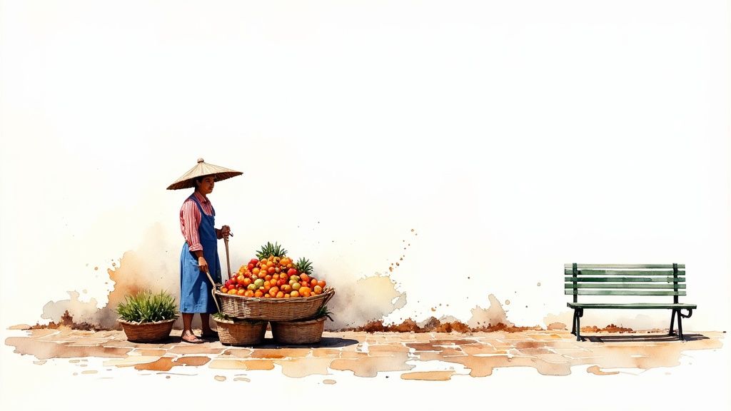 Aquarell-Illustration eines Straßenverkäufers mit traditionellem Hut und Obstkorb neben einer Bank