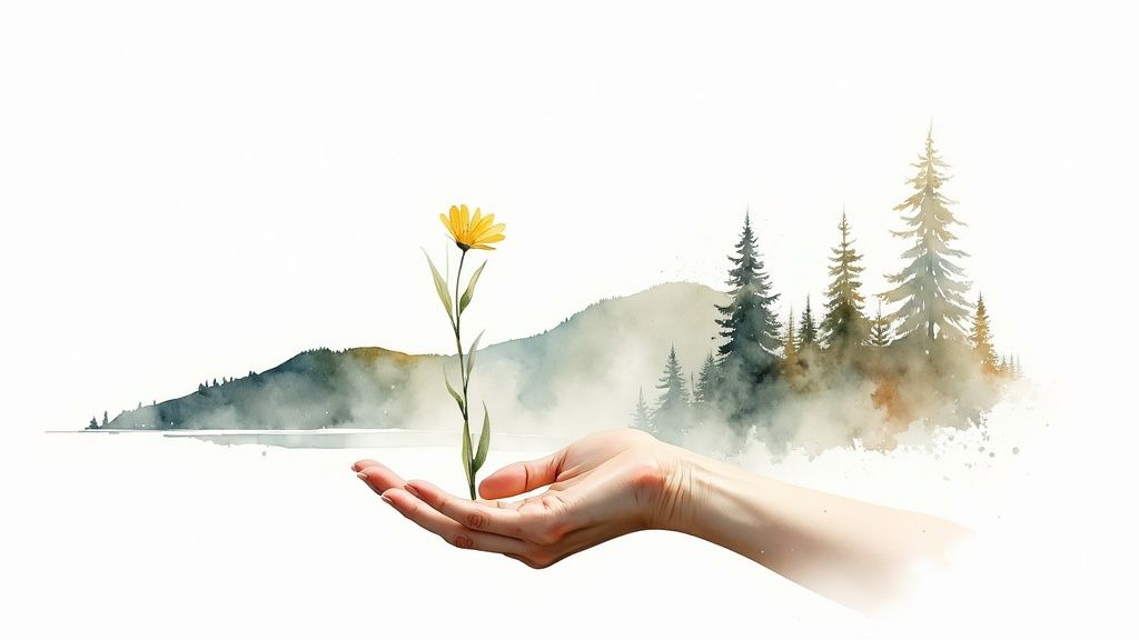 Eine Hand hält eine gelbe Blume vor einer malerischen Berg- und Waldlandschaft im Aquarellstil.