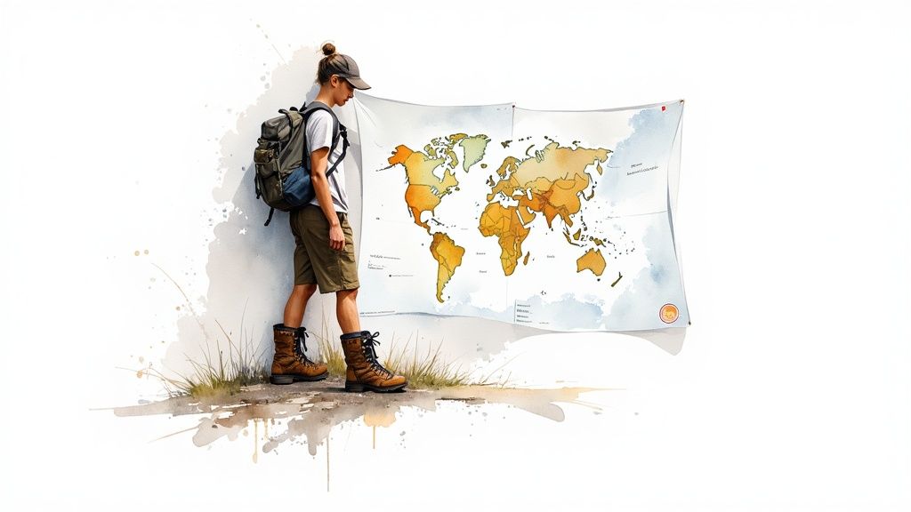 Eine Wanderin mit Rucksack plant ihre Route auf einer Karte am Wegesrand.