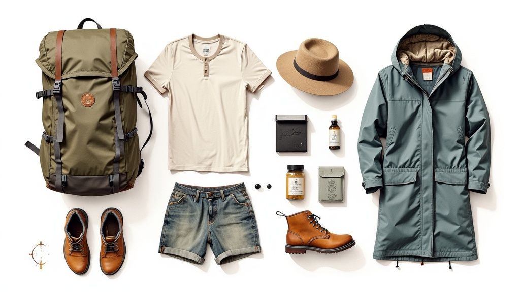 Ein Pilger schaut auf einer Klippe über das Meer am Camino del Norte