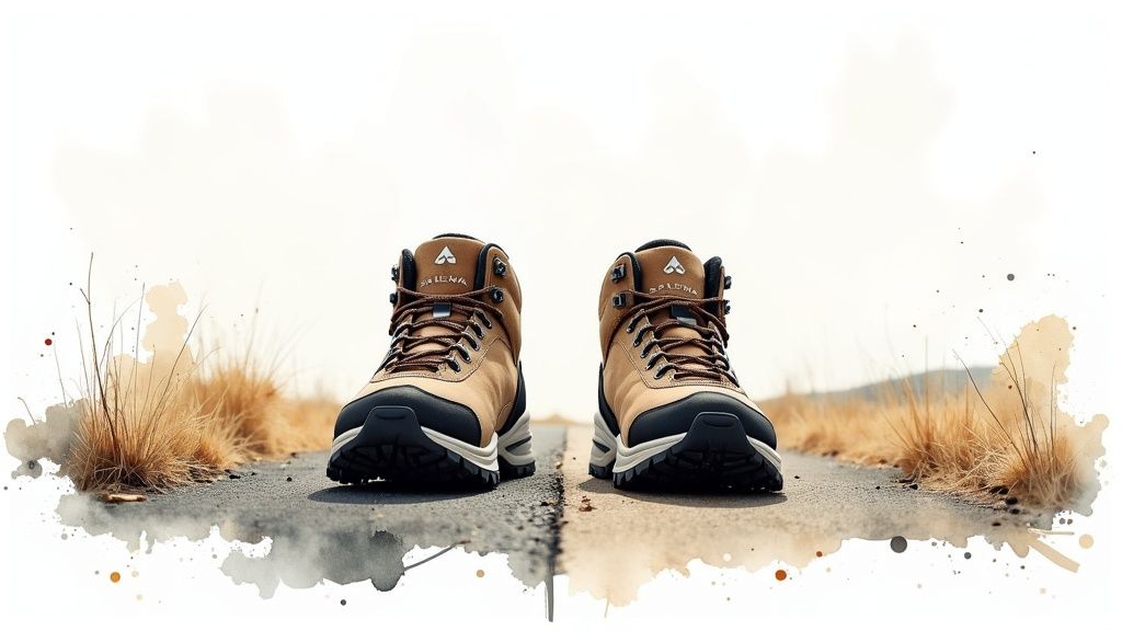 Pilger wandern auf einem Schotterweg mit den Salewa Alp Trainer 2 Mid GTX Schuhen.