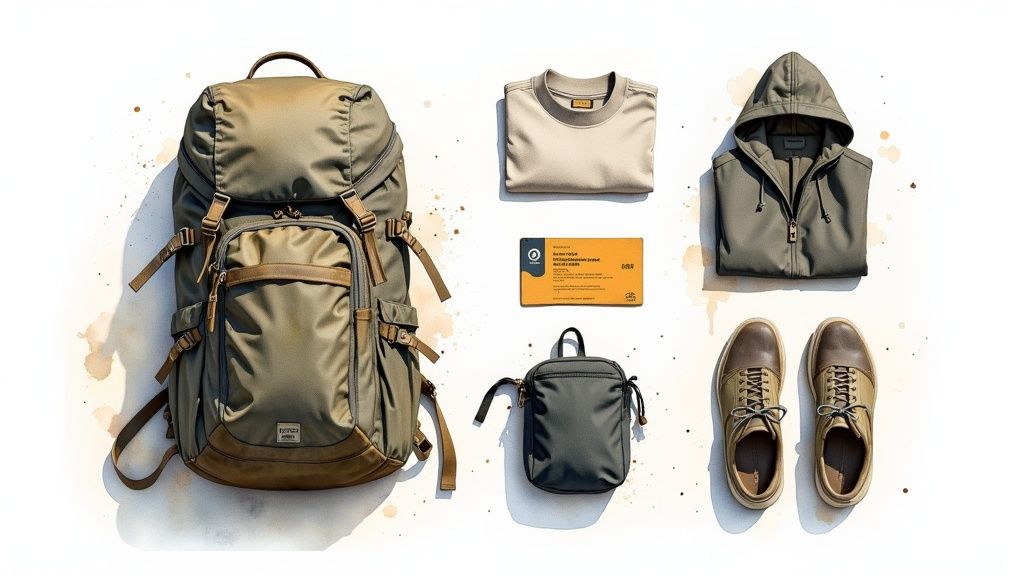 Ein Pilgerrucksack mit Wanderschuhen liegt bereit für den Jakobsweg.