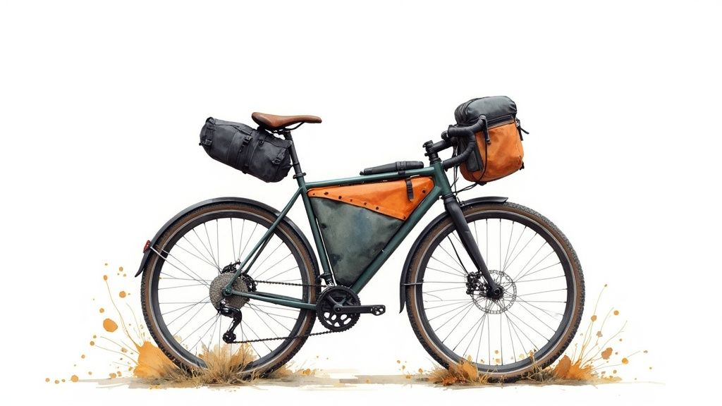 Ein Fahrrad mit Gepäcktaschen steht auf einem Schotterweg mit Blick auf eine malerische Landschaft.