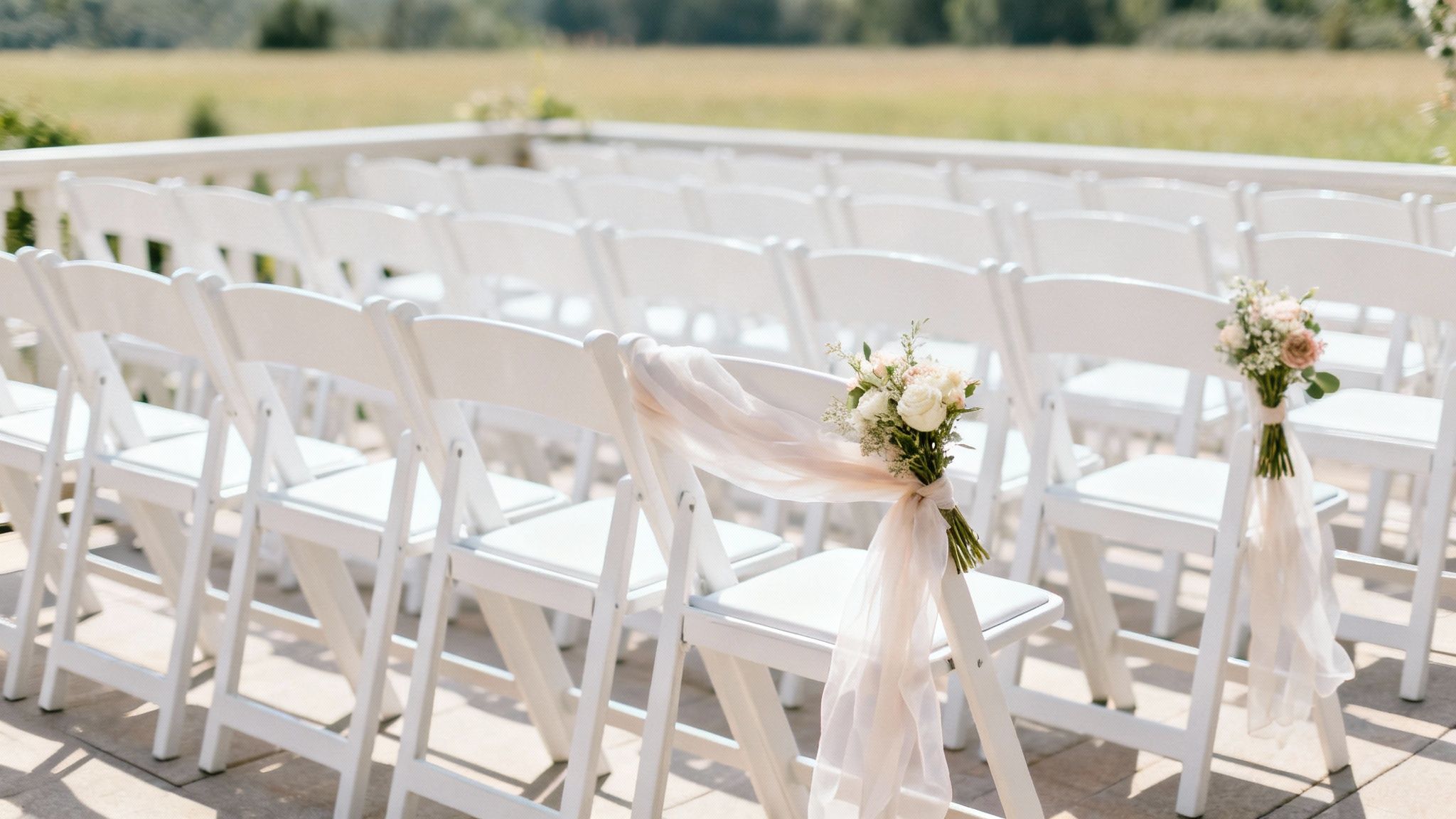 Rows of white folding chairs decorated with pink and white flowers and sheer fabric for an outdoor wedding ceremony.