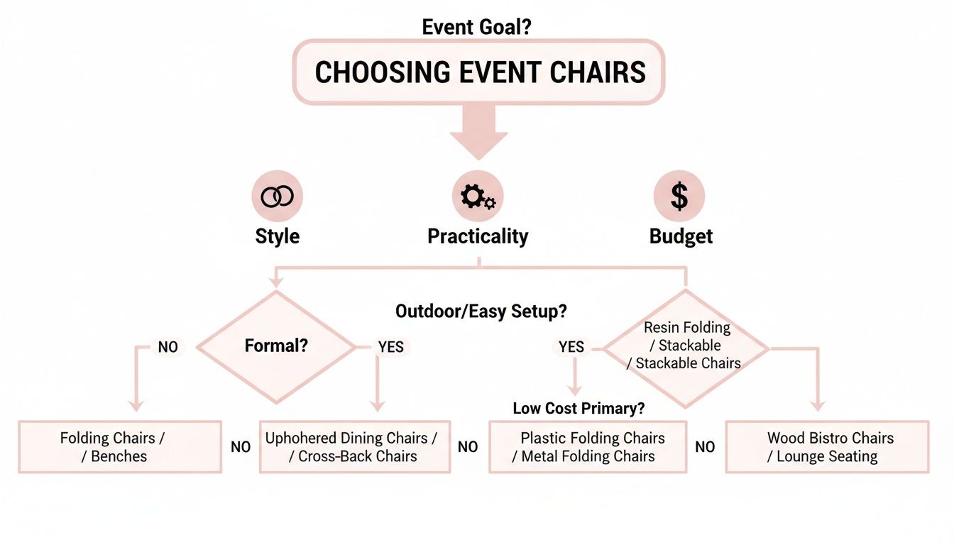 Flowchart guiding the selection of event chairs based on style, practicality, and budget.